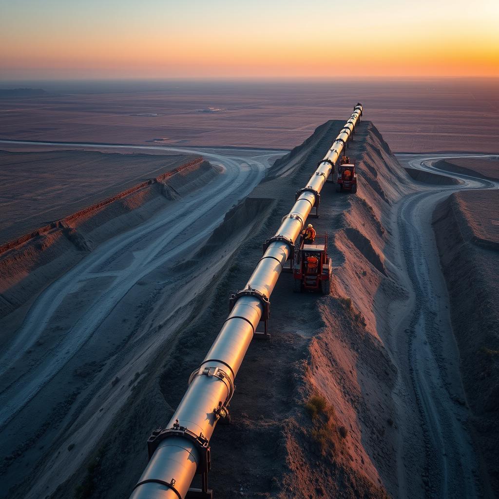 Pipeline construction project — aerial view with excavation equipment