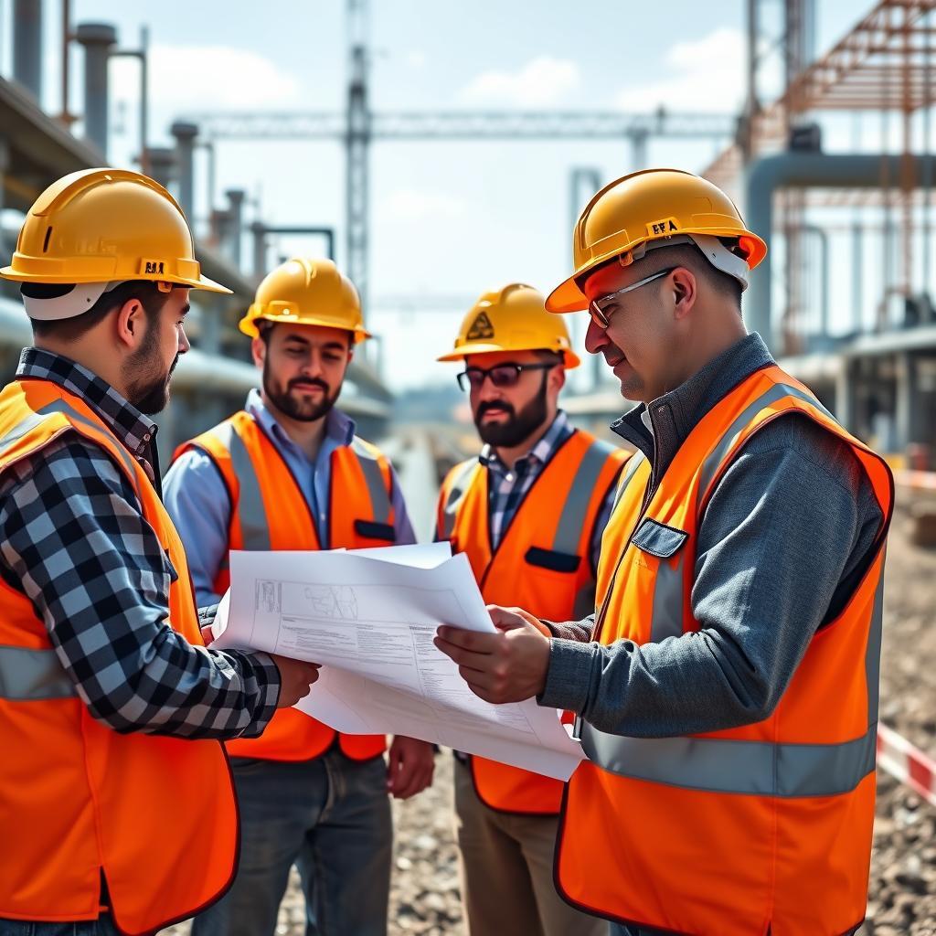 Pipeline workers reviewing blueprints at job site